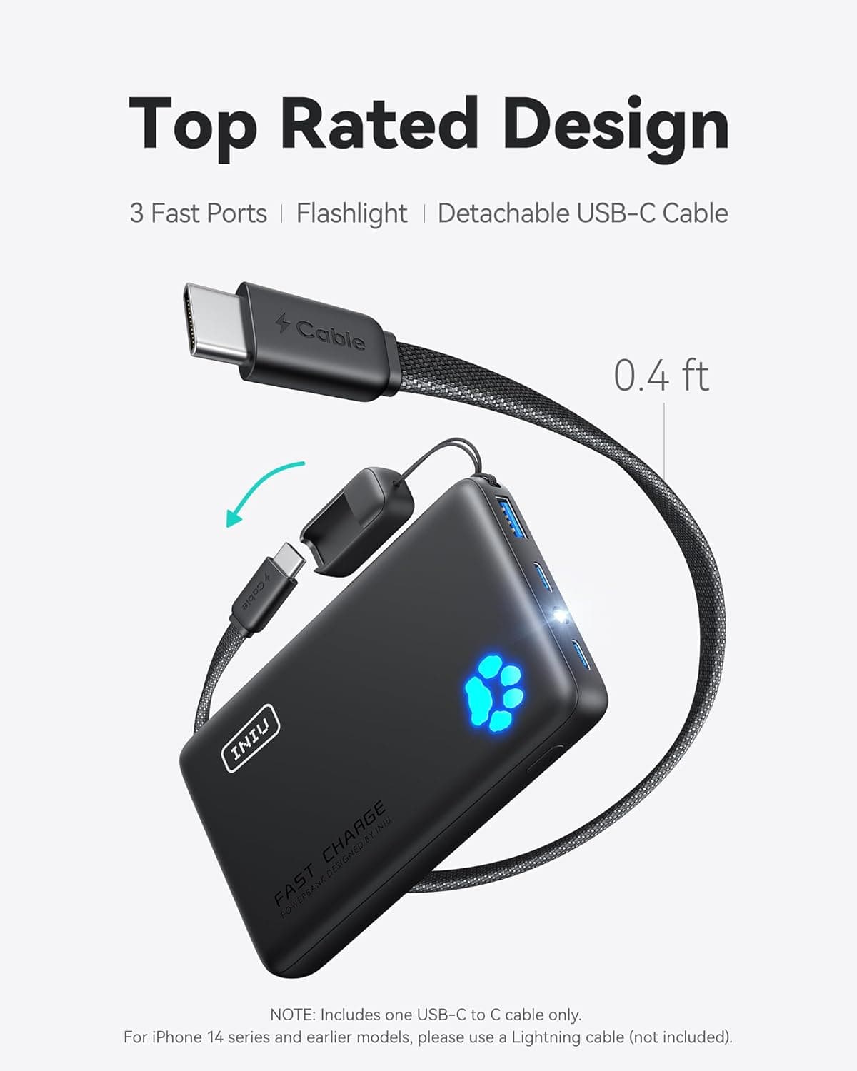 INIU Portable Charger - Ultra Slim 45W Fast Charging with Attached USB C Cable image 4